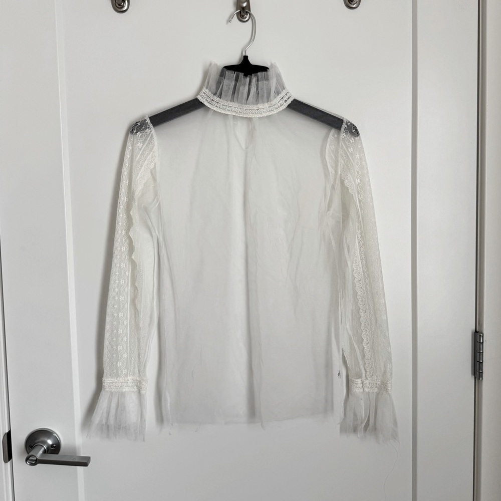 High Neck Lace Ruffle Long Sleeve Blouse | White